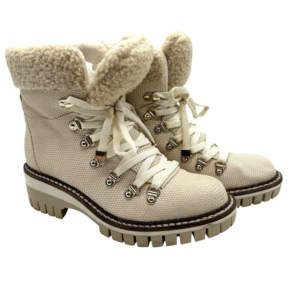 JLO Cream Faux Fur Snake Embossed Lace Up Hiker Boots SIZE 6 Winter Snow Outdoor